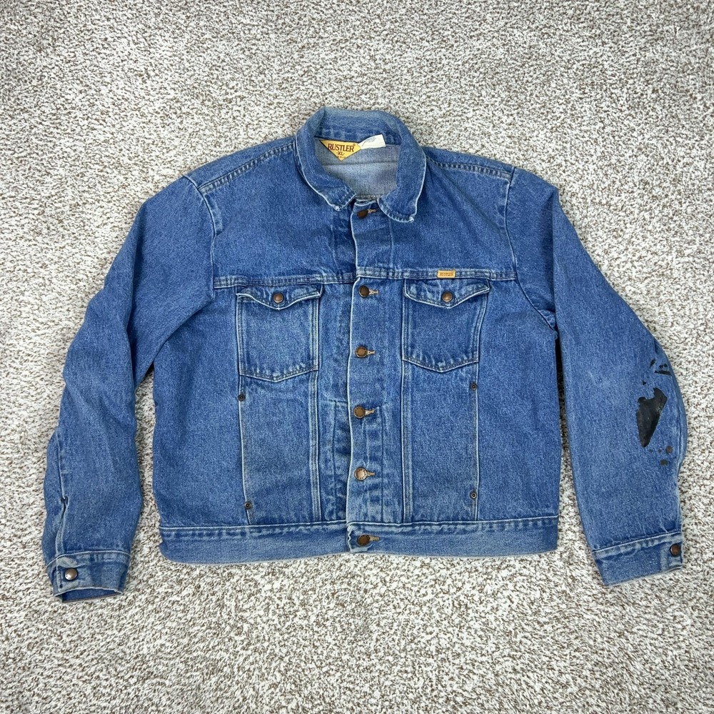 Vintage Rustler Jacket Mens XL Blue Denim Trucker‎ 13oz USA Workwear Western 80s